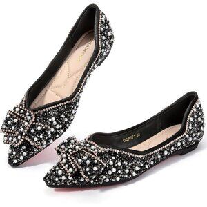 🆕Women Silver Rhinestone Flats Bowknot Pointed Toe Dark Suede Ballet Shoe